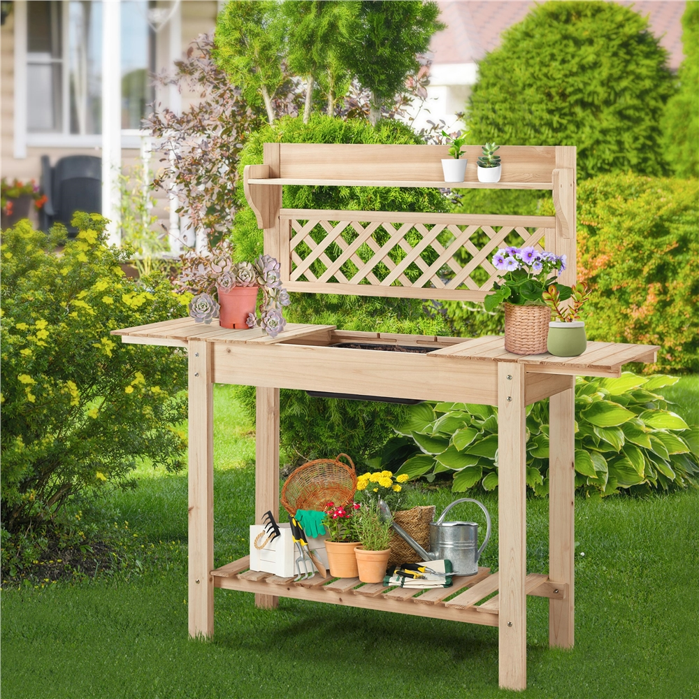 Yaheetech Garden Potting Bench Outdoor Planting Table Wooden Work Station Table w/ Sliding Tabletop Open Storage Shelf, Natural