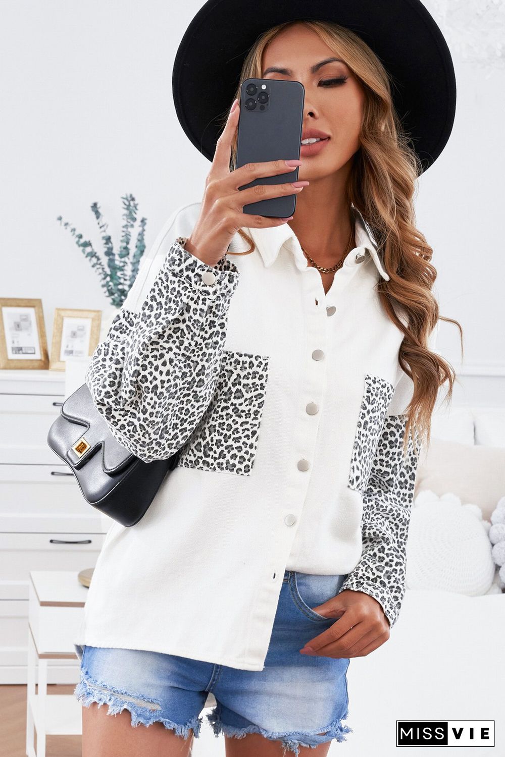 White Contrast Leopard Denim Jacket