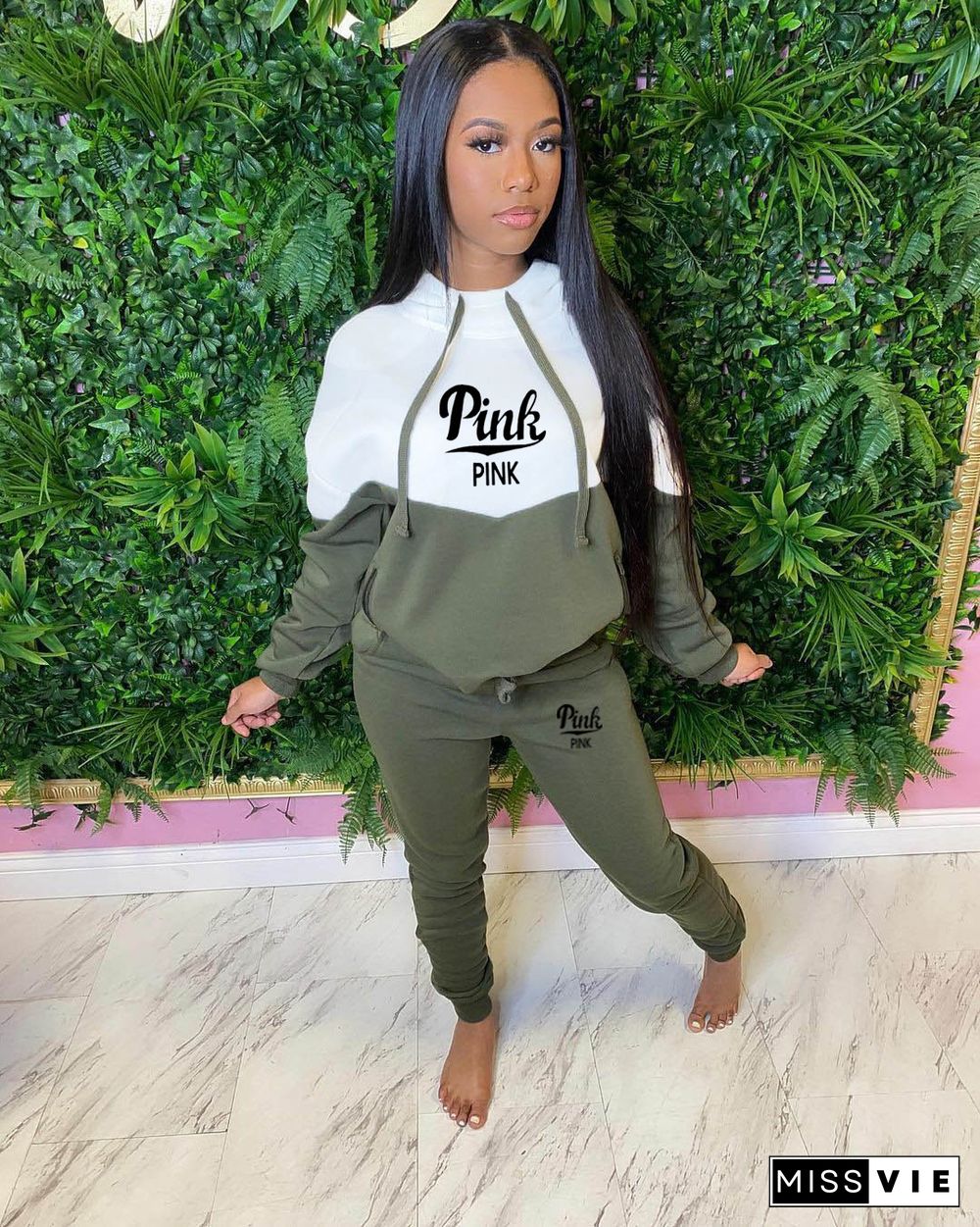 PINK Letter Patchwork Hooded Sweatshirt And Pants Sets