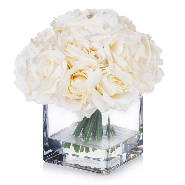 Enova Home Artificial 18 Pieces Fake Roses Silk Flowers Arrangement in Cube Glass Vase for Home Wedding Party Decoration