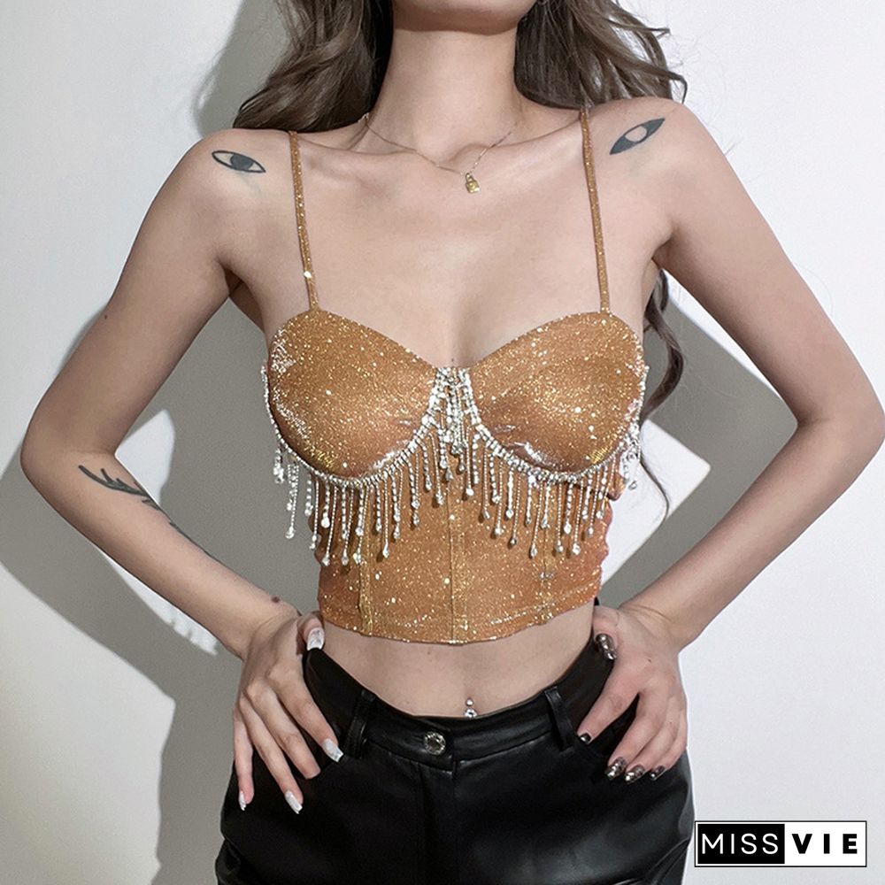 Rhinestones Wrapped Chest Y2k Camisole Crop Tops