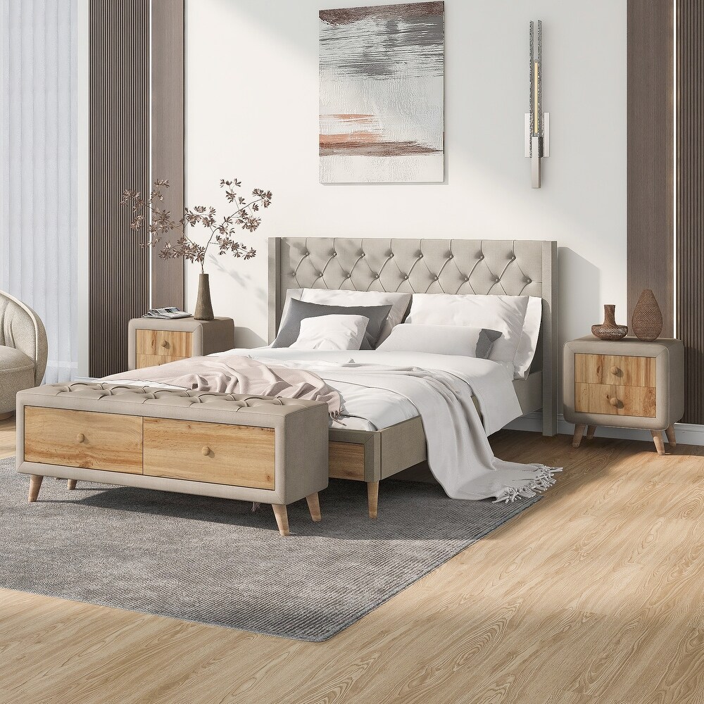 4 Pieces Bedroom Sets Queen Linen Platform Bed with Two Nightstands and Storage Bench