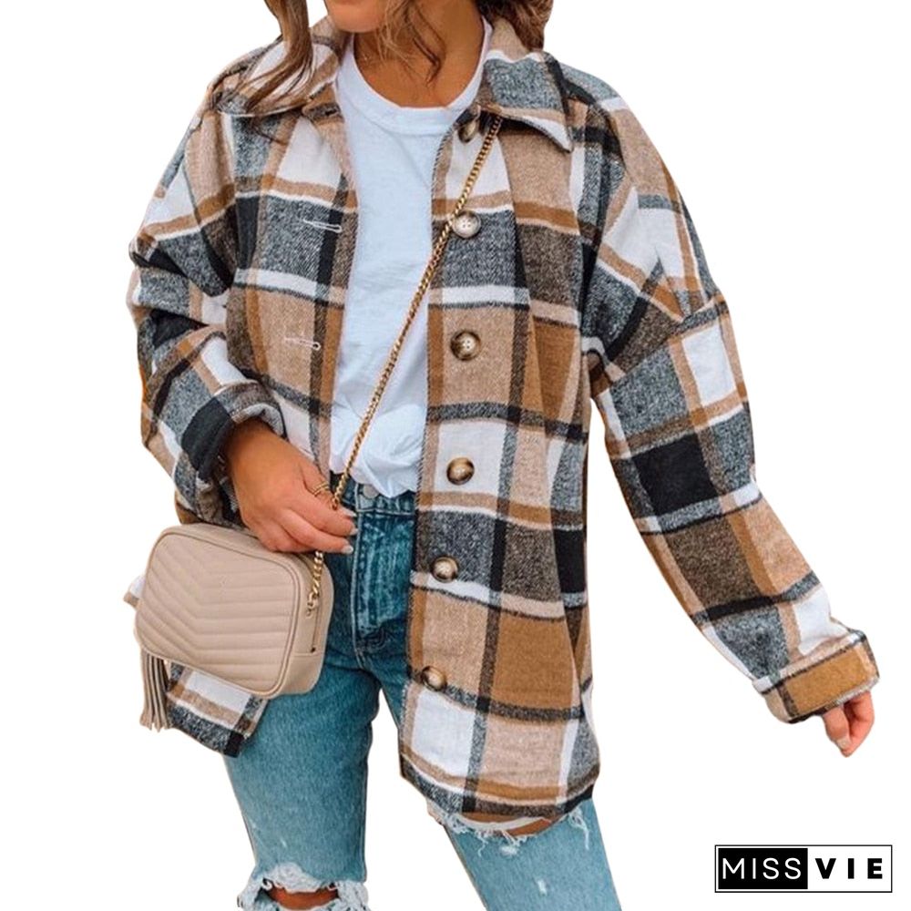 Hot Sale Women Fashion Plaid Shirt Jackets Turn-down Collar Autumn Oversized Jacket Fashion Loose Coat Streetwear Female Outwear