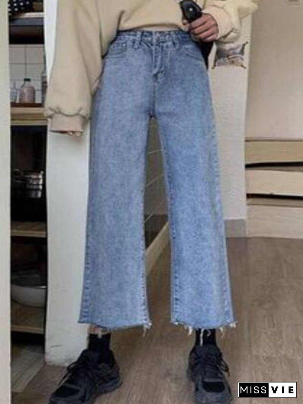 Vintage Solid Pockets Plus Size Casual Denim Pants