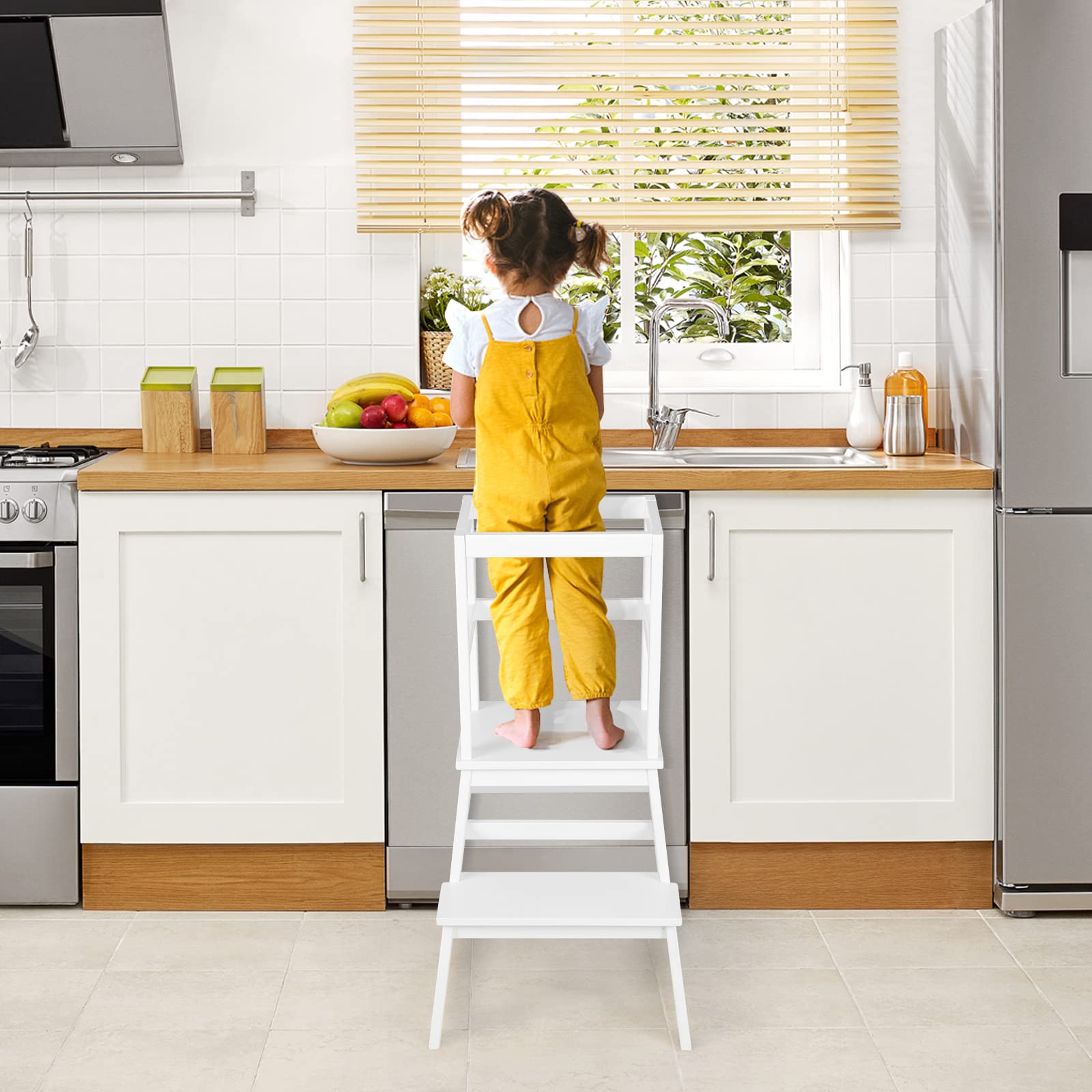 Costzon Kids Kitchen Step Stool with Safety Rail, 2 in 1 Solid Wood