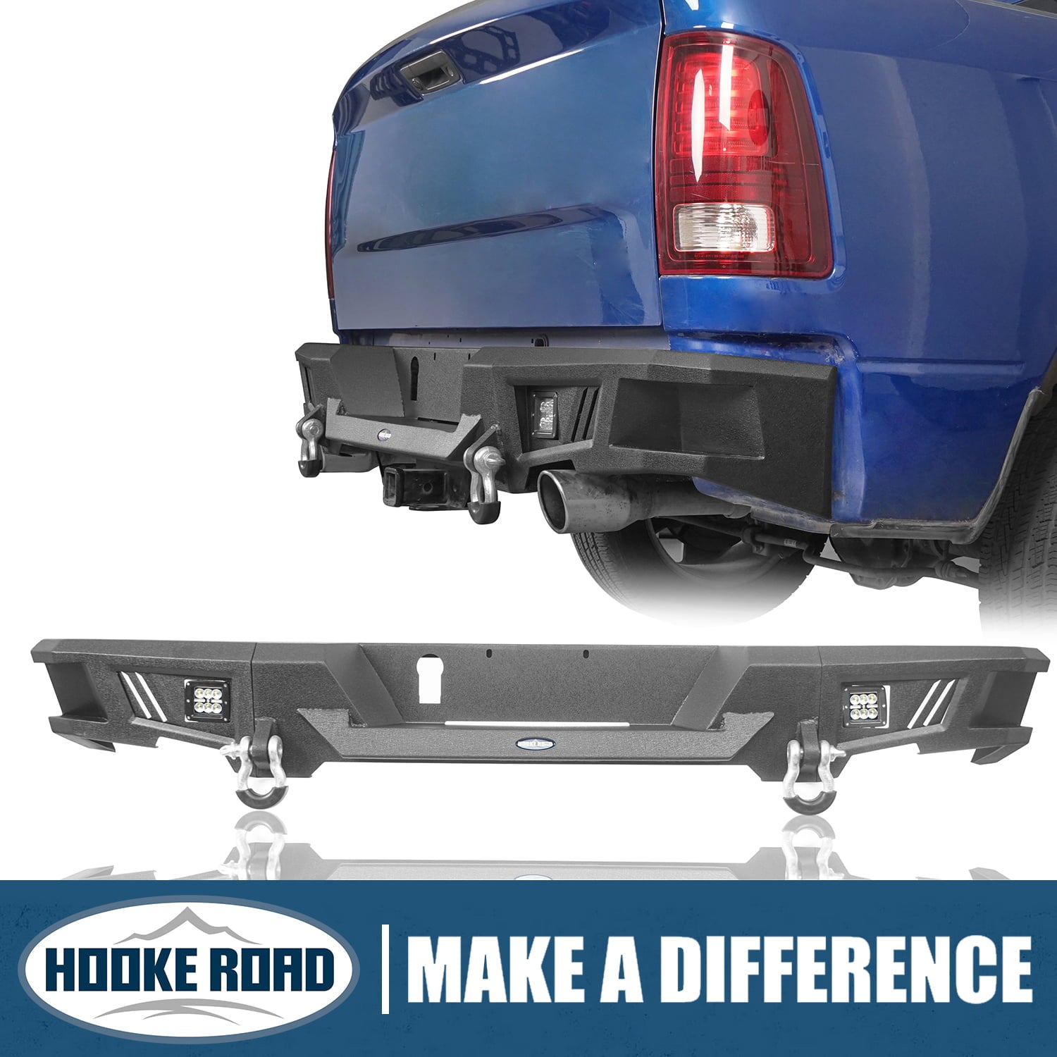 Hooke Road Rear Bumper Fit Dodge Ram 1500 2009-2018 with License Plate Hole and LED Spotlights