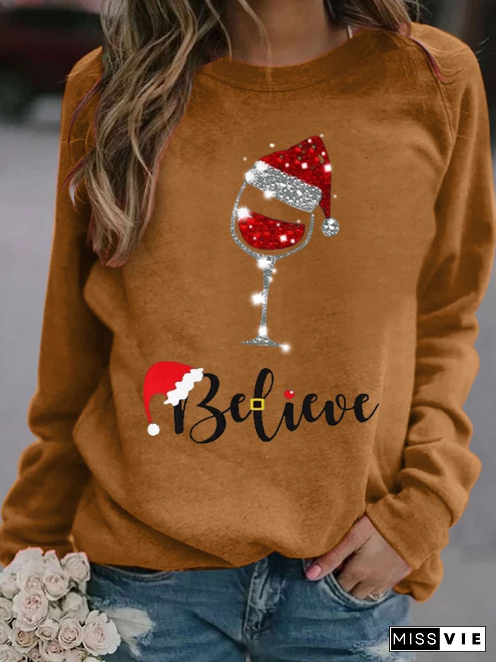 Christmas wine glass print T-shirt