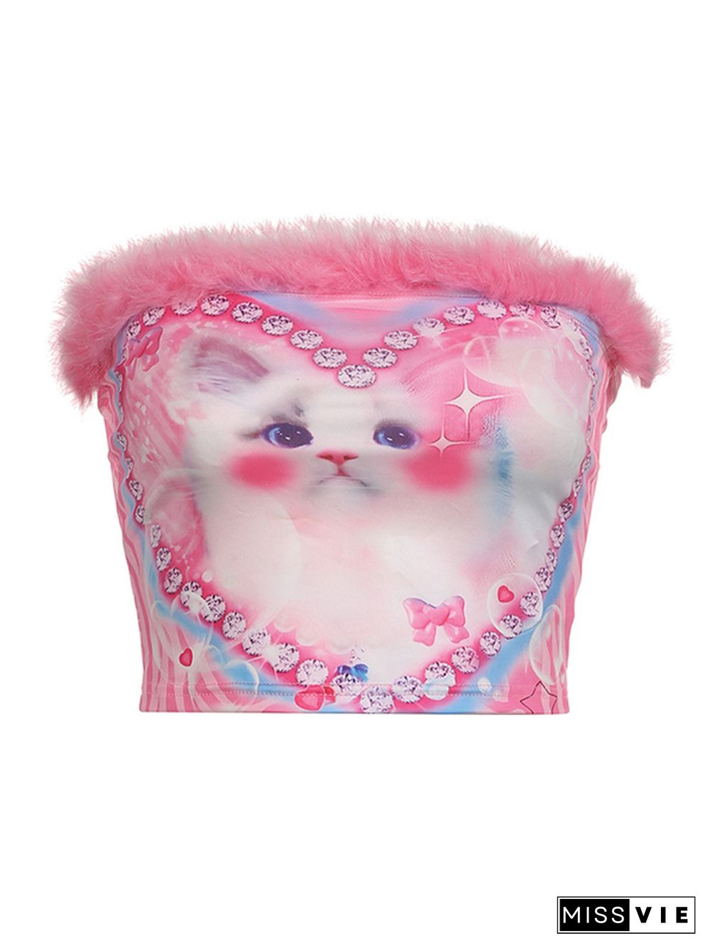 Adorable Kitten Print Plush Trim Splice Bandeau Top