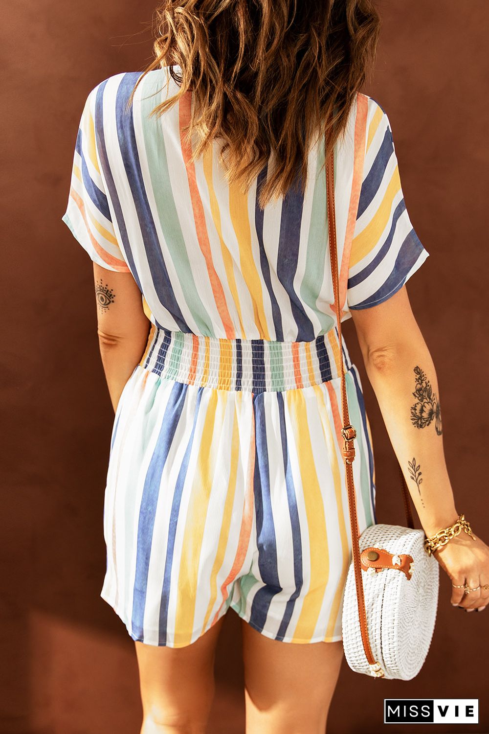 Striped Print V-neck Button Romper