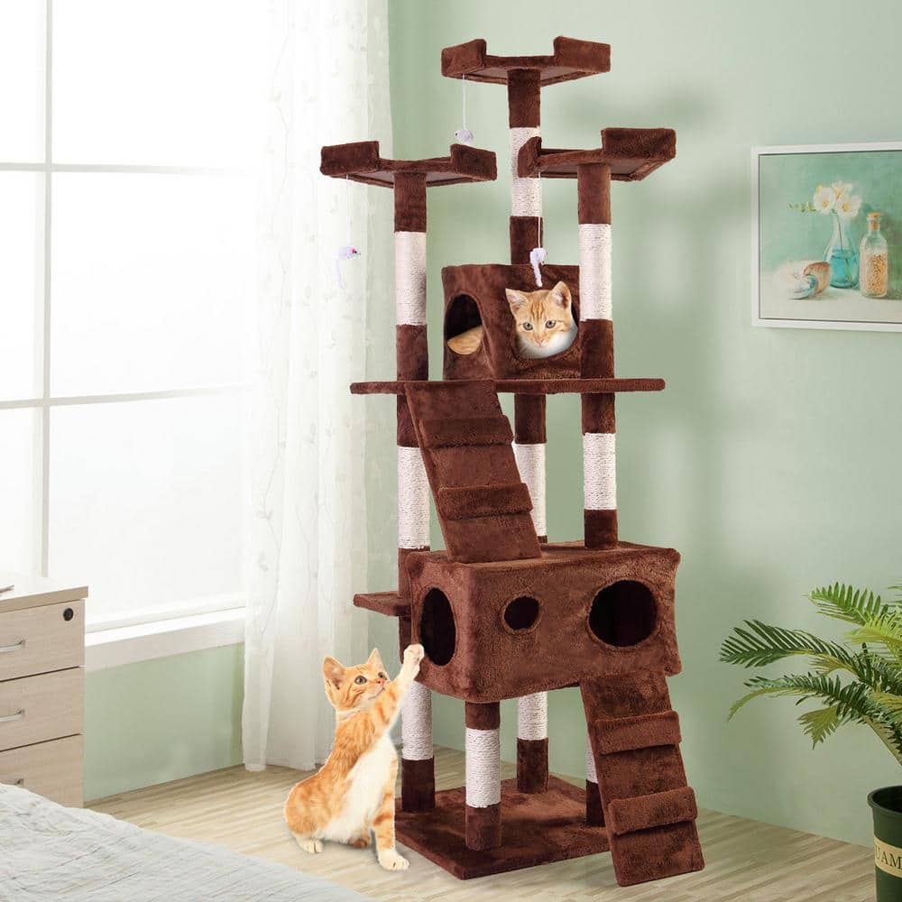 COZIWOW 67 in. Cat Tree Brown Tower Condo Soft Flannel Covered CW12T0193