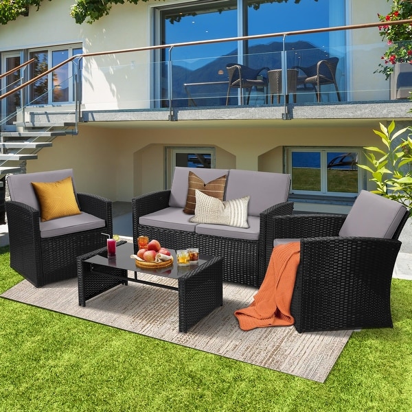 4 Pieces Patio Conversation Set，Outside Rattan Sectional Sofa，Cushion Furniture Set，Wicker Sofa for Garden，Rattan and Cushion