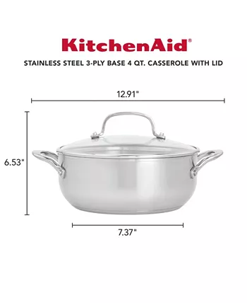 KitchenAid 3-Ply Base Stainless Steel 4 Quart Induction Casserole with Lid