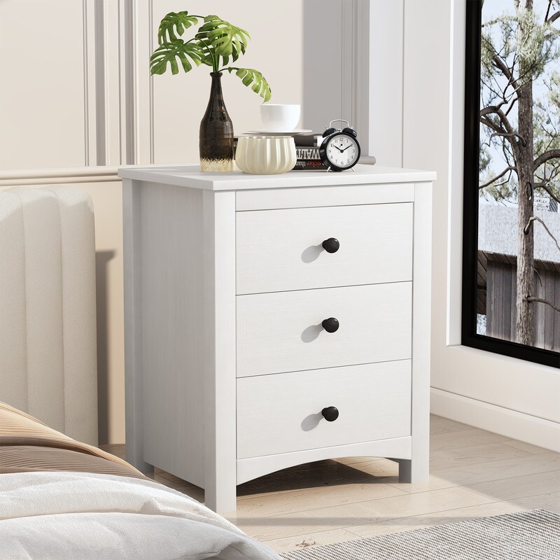 Modern Nightstand with Three Storage Drawers  Wood End Table  Small Sofa Side Table  Bedside Table for Bedroom  Living Room