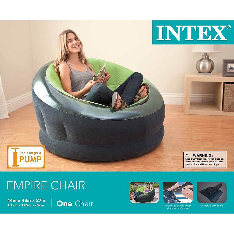 Intex Empire Inflatable Blow Up Lounge Dorm Camping Chair for Adults， Lime Green