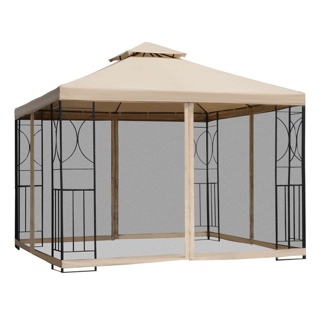 Outsunny 10 x27 X 10 Steel Outdoor Patio Gazebo Canopy With Privacy Mesh Curtains Weather resistant Roof amp Storage Trays