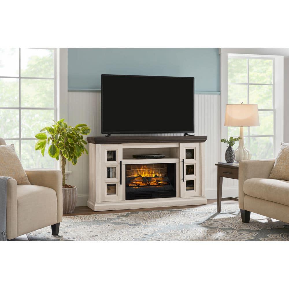 StyleWell Chelsea 58 in Freestanding Electric Fireplace TV Stand in Light Taupe Ash Grain w Charcoal Top