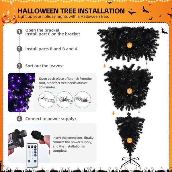 6 Ft Prelit Upside Down Artificial Christmas Tree Black Halloween Tree with 250 Purple Lights