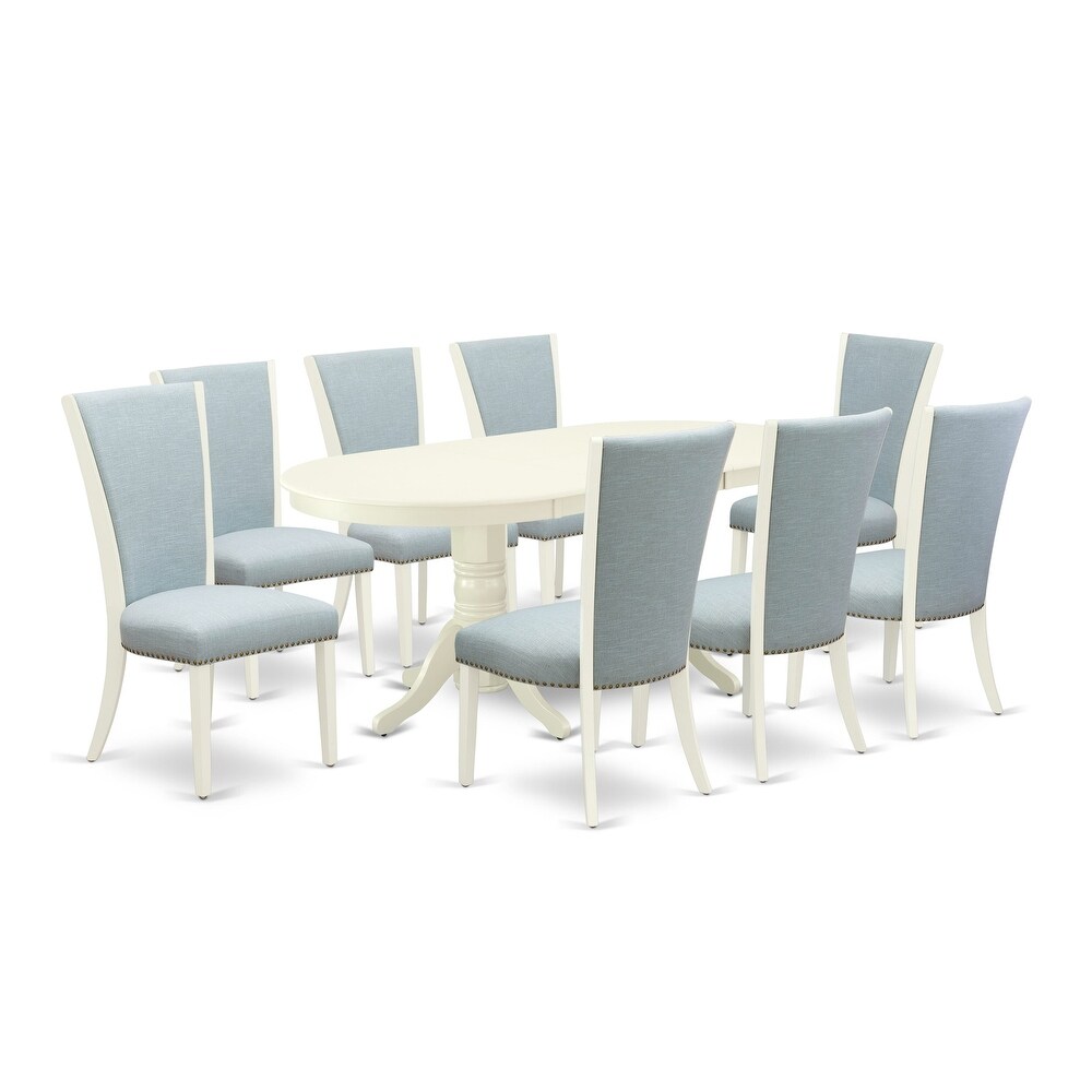 East West Furniture Dining Table Set  an Oval Dinner Table and Baby Blue Linen Fabric Chairs  Linen White(Pieces Options)