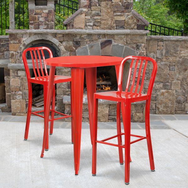 Flash Furniture 30'' Round Red Metal Indoor-Outdoor Bar Table Set with 2 Vertical Slat Back Barstools