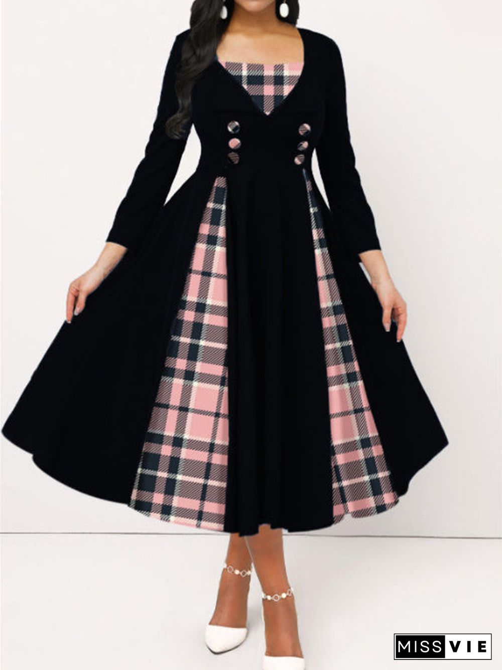 Women's Long Sleeve Square Collar Graphic Plaid Midi Dress