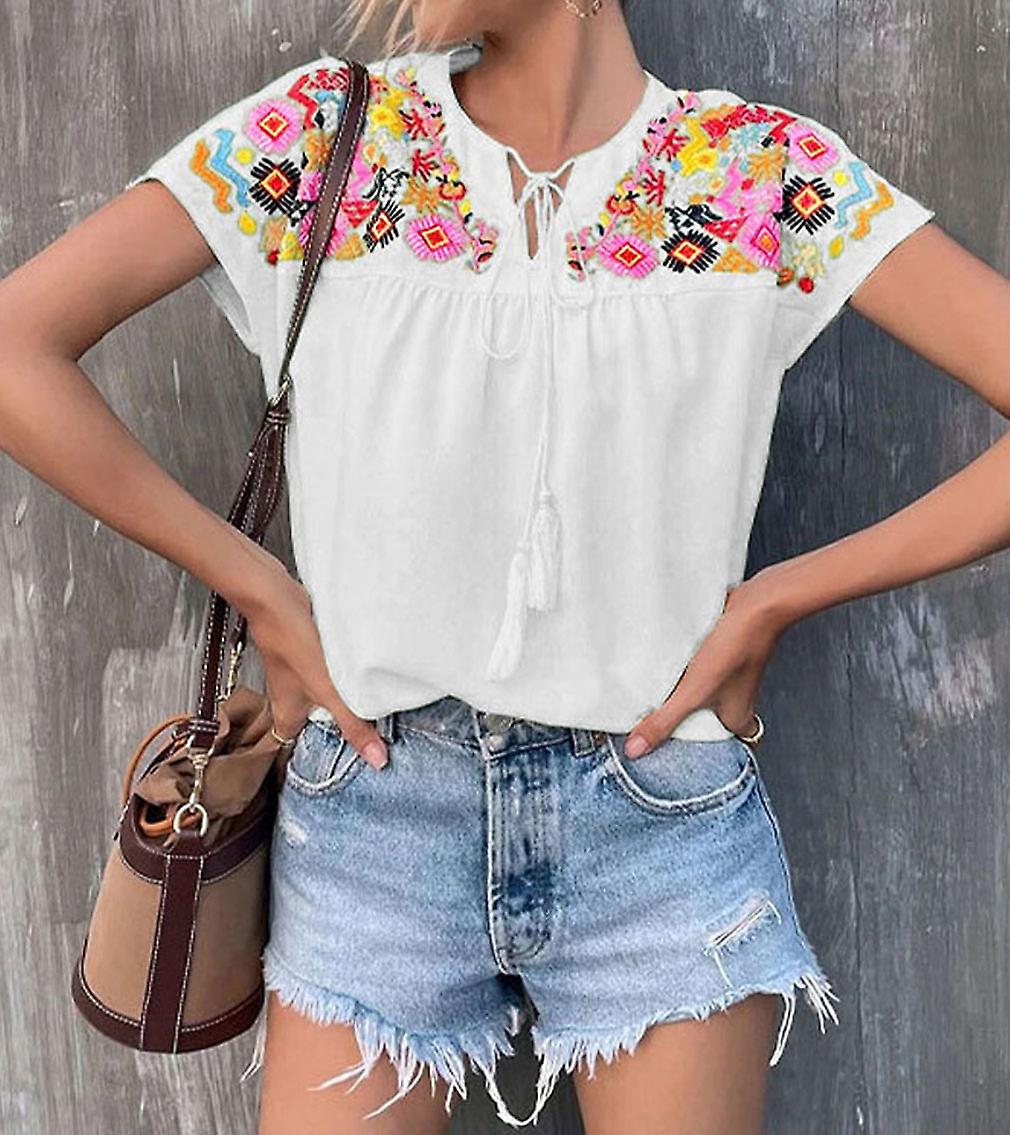 Women's Summer Casual Boho Tops Floral Short Sleeve Blouses