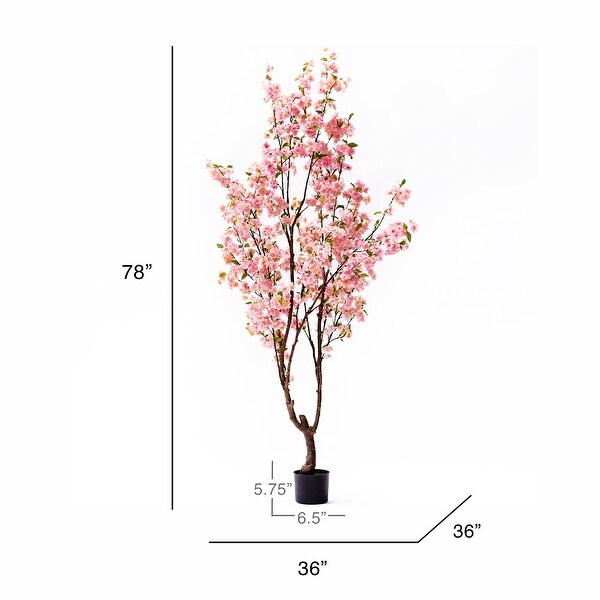 6.5ft Pink Artificial Cherry Blossom Flower Tree Plant in Black Pot