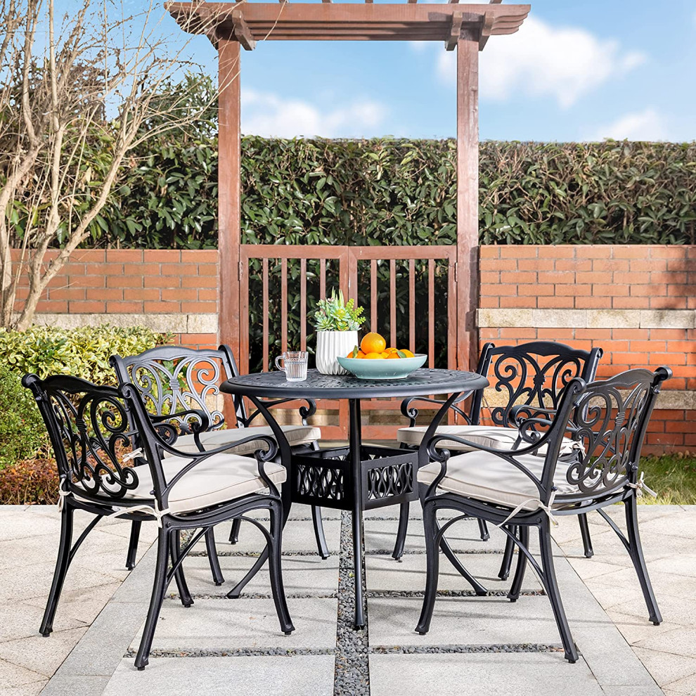 5 Piece Patio Dining Set  Aluminum Table  ampCushioned Chairs  Antique Matte Black   Mediterranean   Outdoor Dining Sets   by Decor Love  Houzz