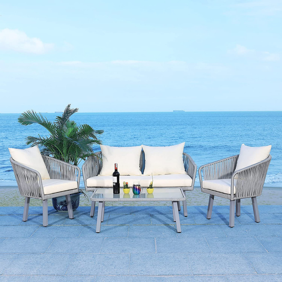 4 Pieces Patio Set  Glass Coffee Table With Padded Chairs  ampBench   Industrial   Coffee Tables   by Declusia  Houzz