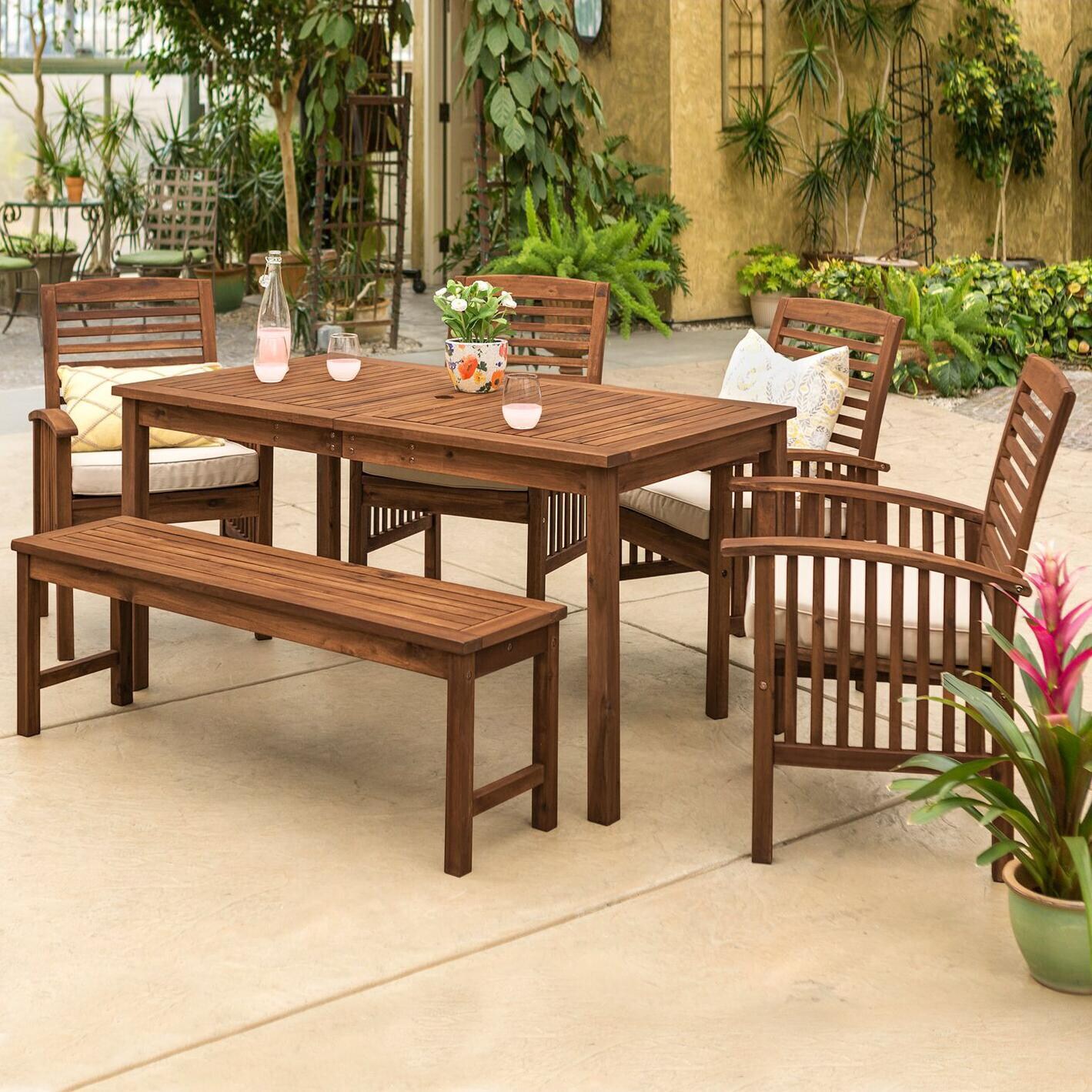 Ultimate Patio Horizon Way 6 Piece Dark Brown Acacia Patio Dining Set W/ 60 X 34 Inch Rectangular Table and Natural Cushions