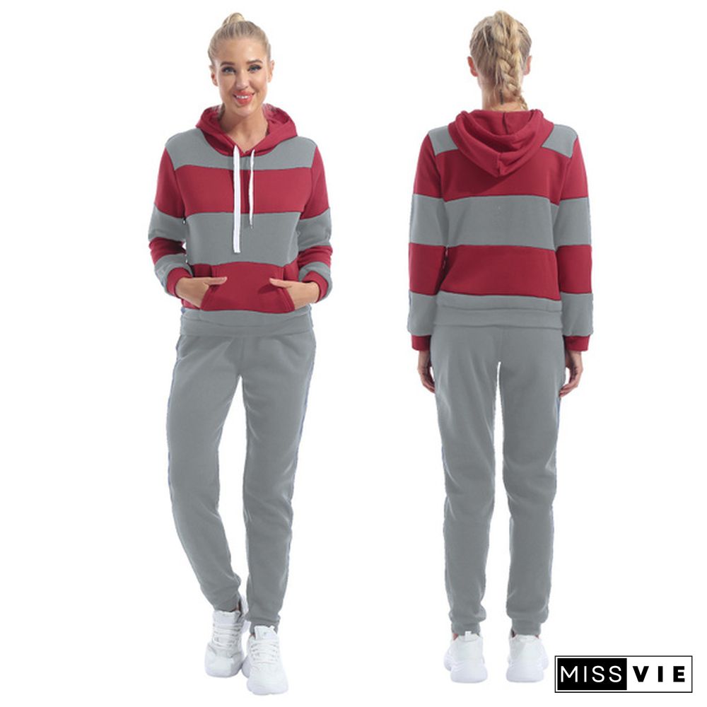 Plus Size Women's Casual Two Piece Outfits Stripes Sweatsuit Tracksuit Pocket Hoodies Sweatshirt Drawstring Pants S-Xxxl