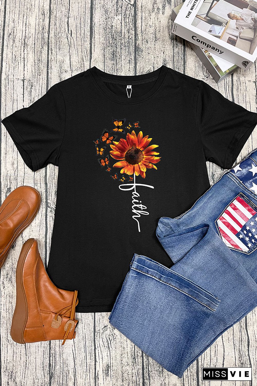 Sunflower and Butterflies Short Sleeve Graphic Tee Wholesale