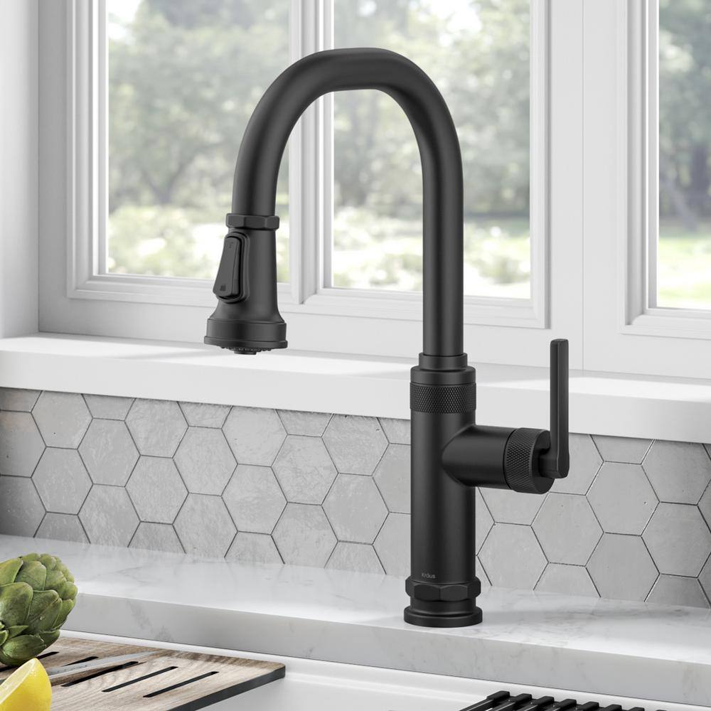 KRAUS Allyn Industrial Pull-Down Single Handle Kitchen Faucet in Matte Black KPF-4102MB