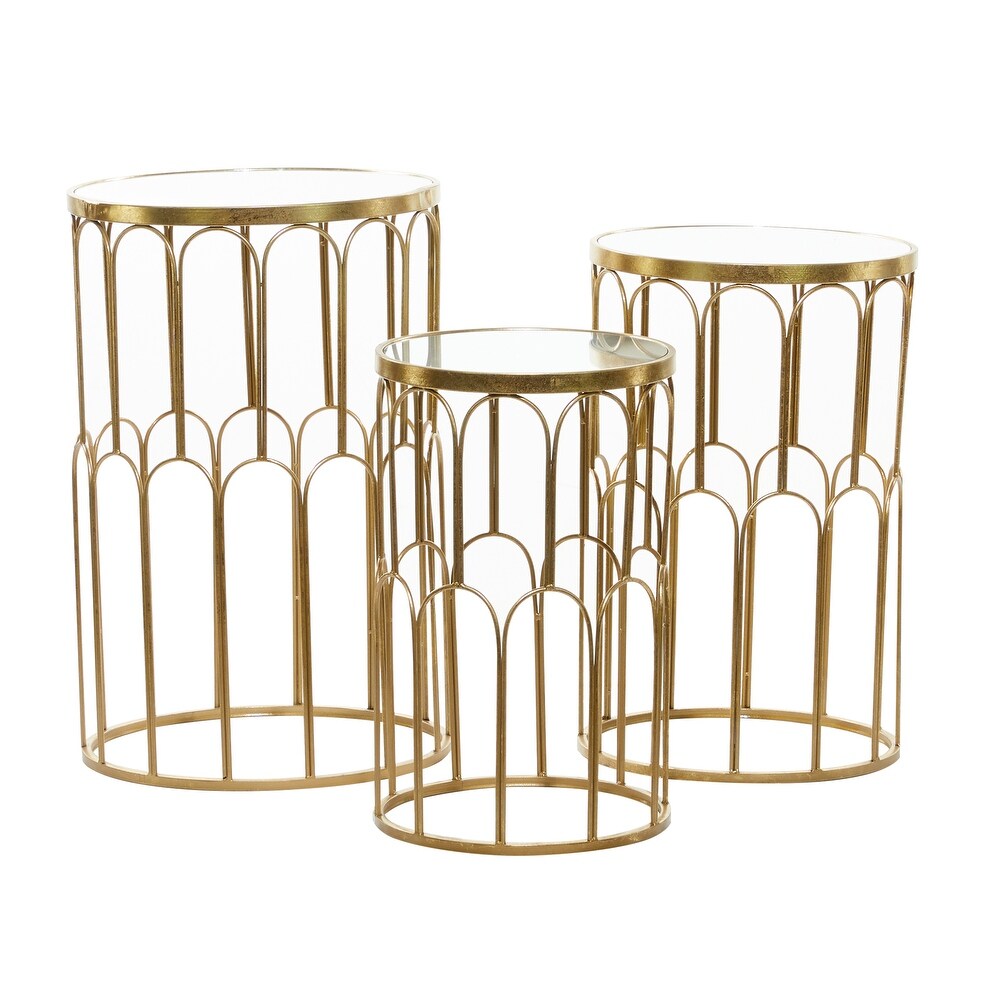 Gold Metal Accent Table with Mirrored Glass Top (Set of 3)   18 x 18 x 28Round