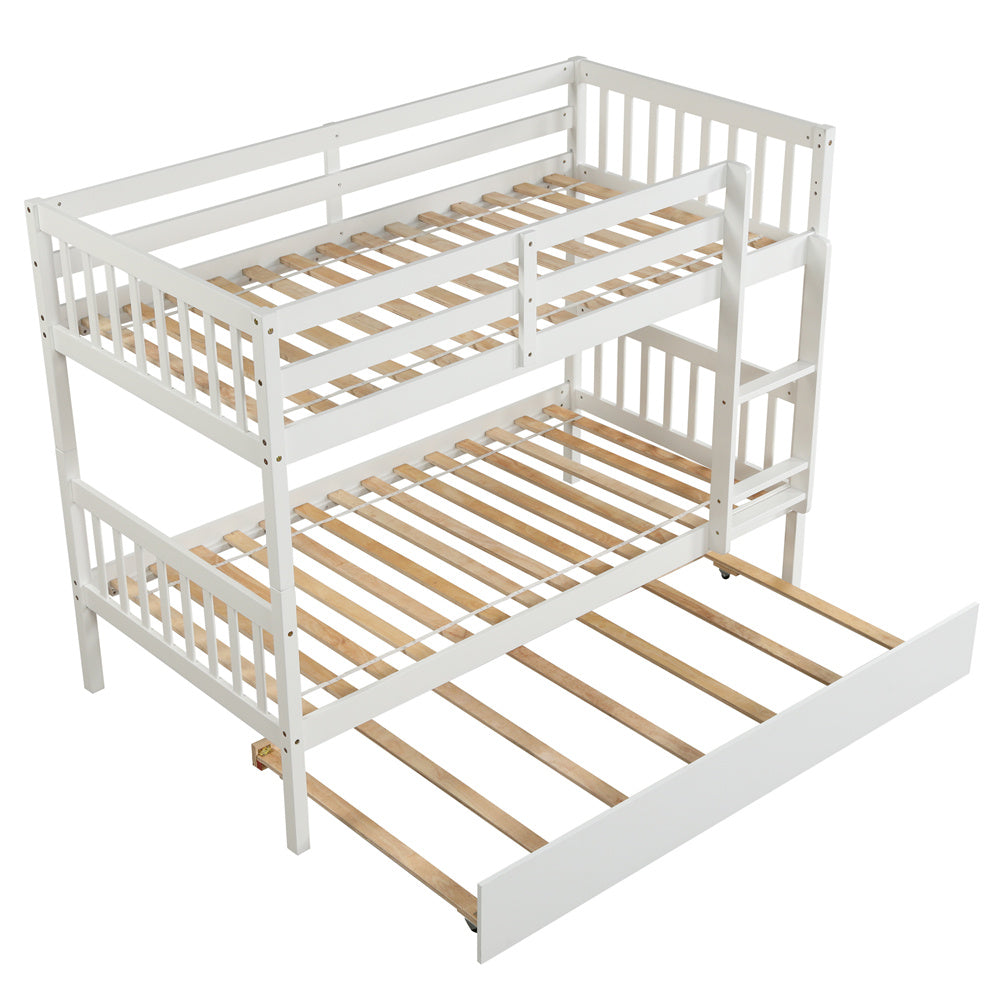 Twin Over Twin Bunk Beds with Trundle, Solid Wood Bed Frame with Safety Rail and Ladder for Kids/Teens Bedroom, Guest Room Furniture, White