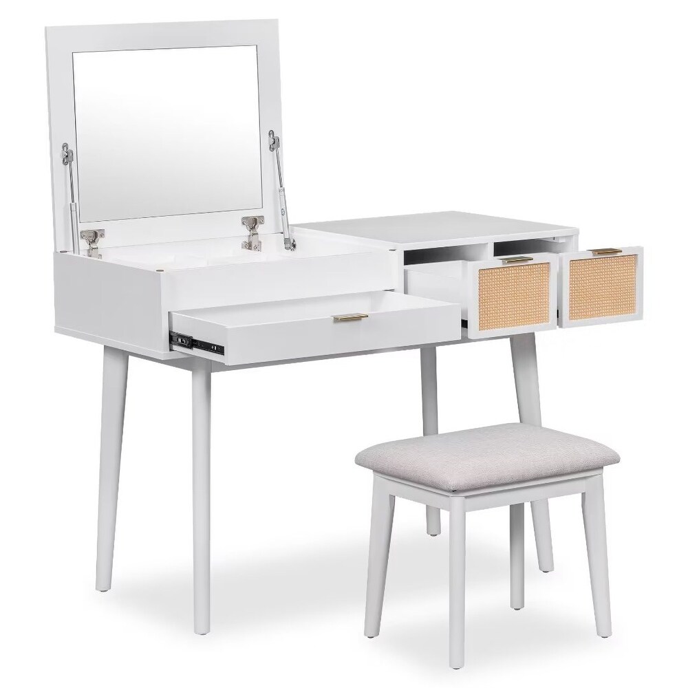 Makeup Vanity Set with Flip top Mirror and Stool  Wood Dressing Table