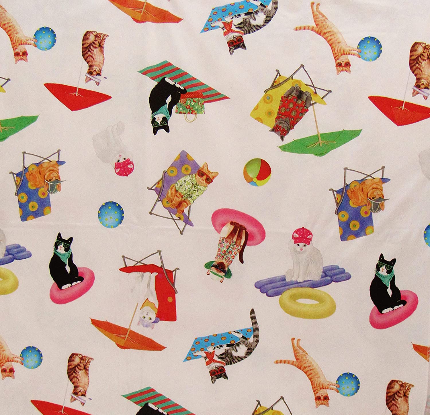 Summer Fun Beach Cats Vinyl Flannel Back Tablecloth: Silly Cats Decked Out Having Fun at the Beach with Umbrellas Beach Balls and Relaxation 60" inch Diameter Round