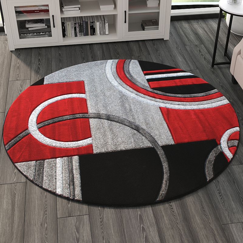 Masada Rugs Masada Rugs Sophia Collection 5'x5' Hand Sculpted Modern Contemporary Round Area Rug in Red， Gray， White and Black