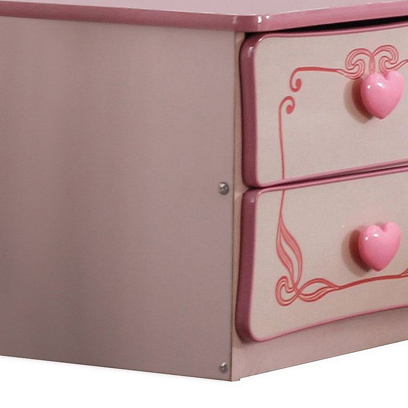 2 Drawer Wooden Nightstand with Heart Knob Pulls， Pink