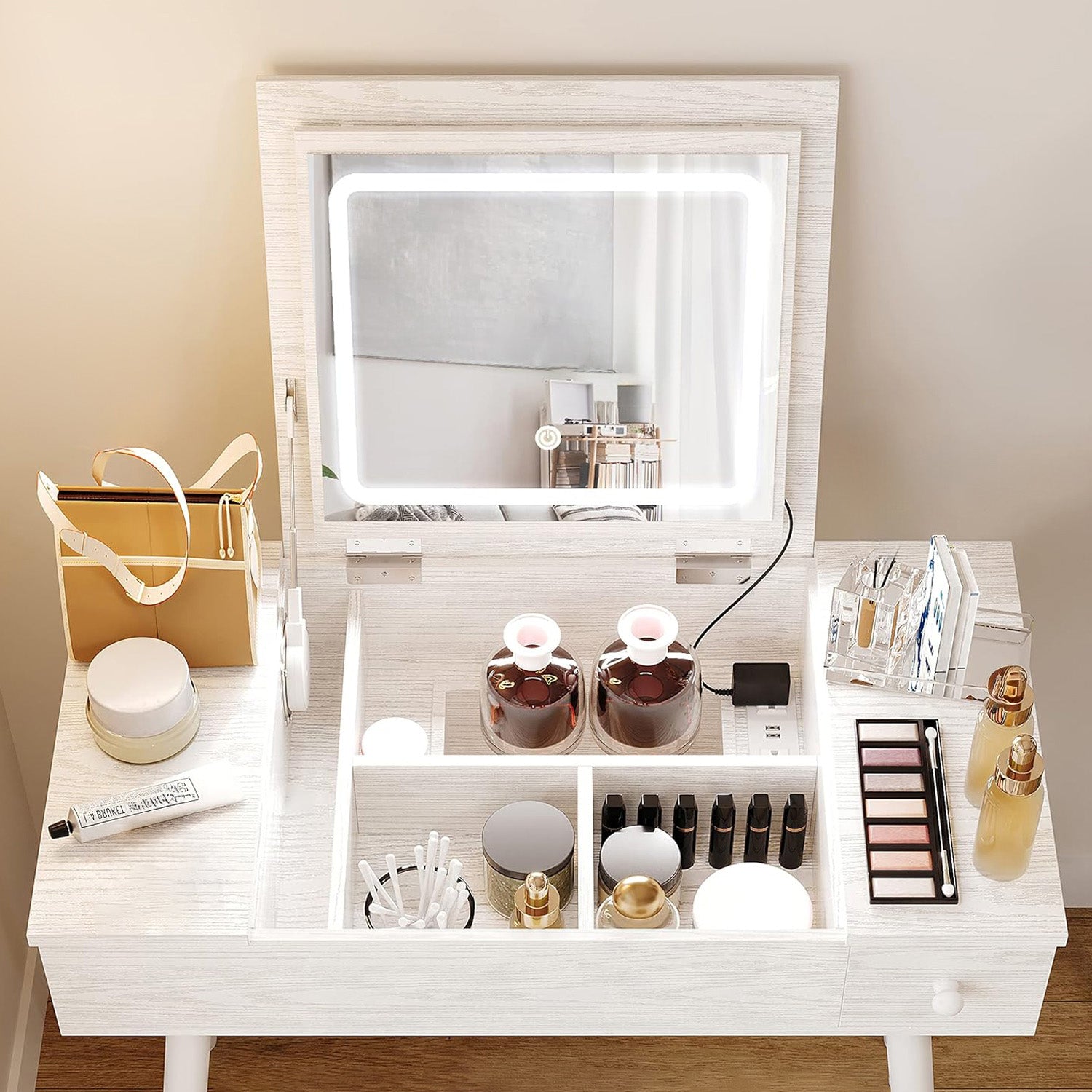 Flip Top Vanity Desk Set with LED Lighted Mirror and Power Outlet, Makeup Vanity Table with Drawers and Cabinet