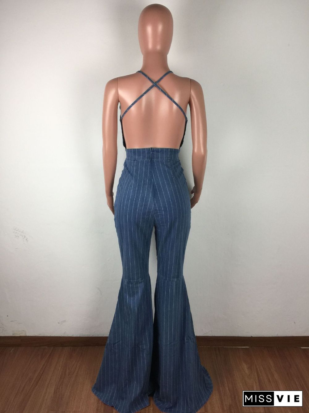 U-neck Open Back Sexy Stripe Jeans Flared Jumpsuit