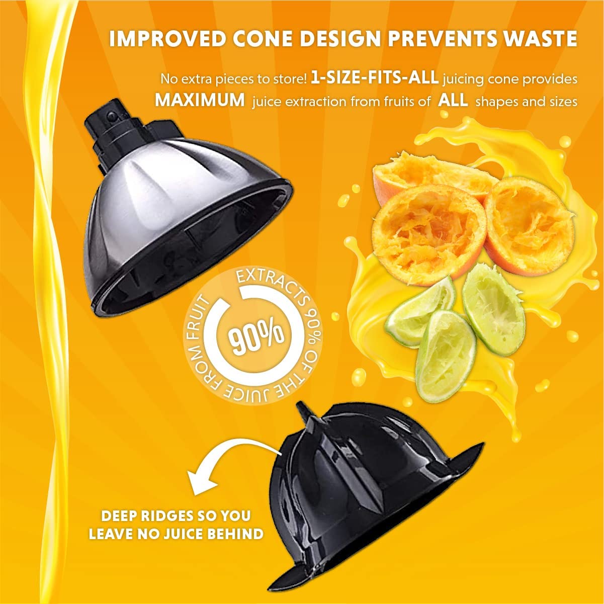 Eurolux ELCJ-1600 Electric Citrus Juicer - Powerful Electric Oranges Juicer and for Lemons with New and Improved Juicing Technology - Stainless Steel Orange Juicer with Soft Grip Handle and Cone Lid