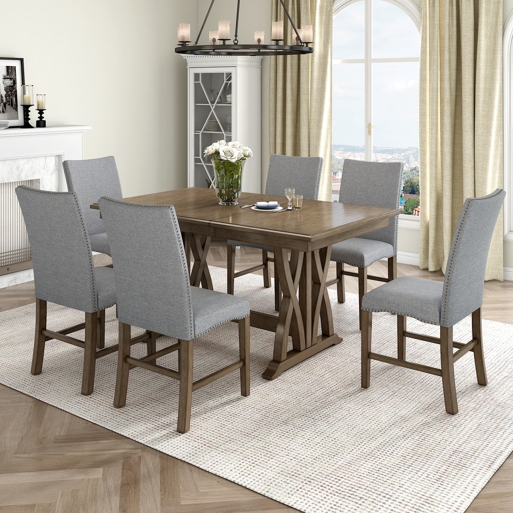 Mid Century Solid Wood 7 Piece Dining Table Set Extendable Kitchen Table Set with Upholstered Chairs and 12\