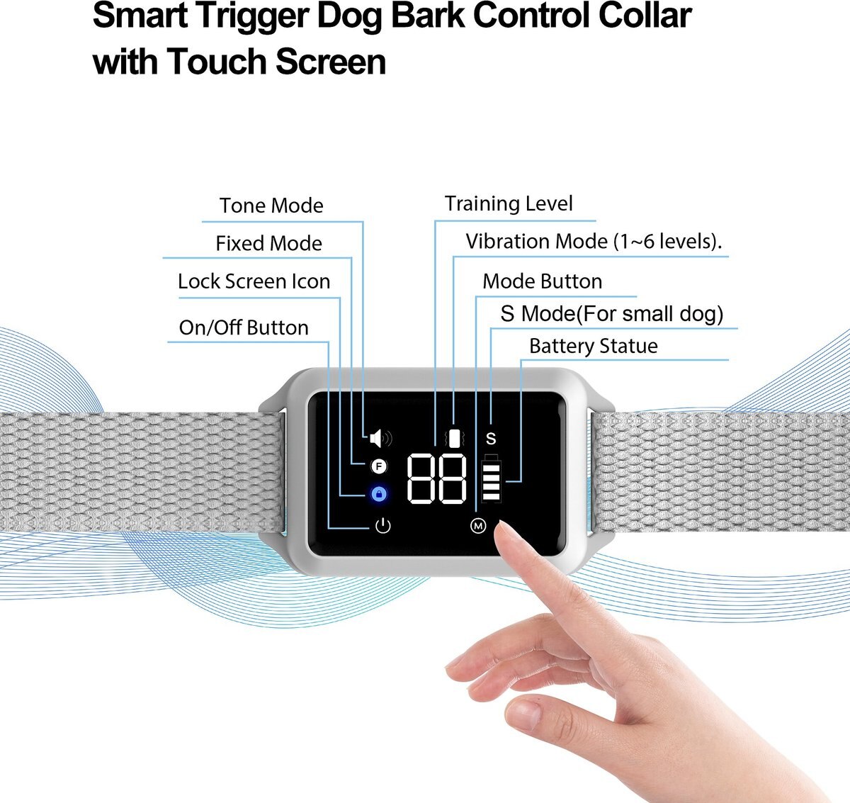 Petdiary Smart Bark Dog Bark Collar with Touch Screen， Small