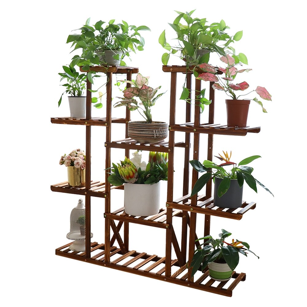 Large 11 Tiered Wood Plant Stand Carbonized Pot Shelf Holder