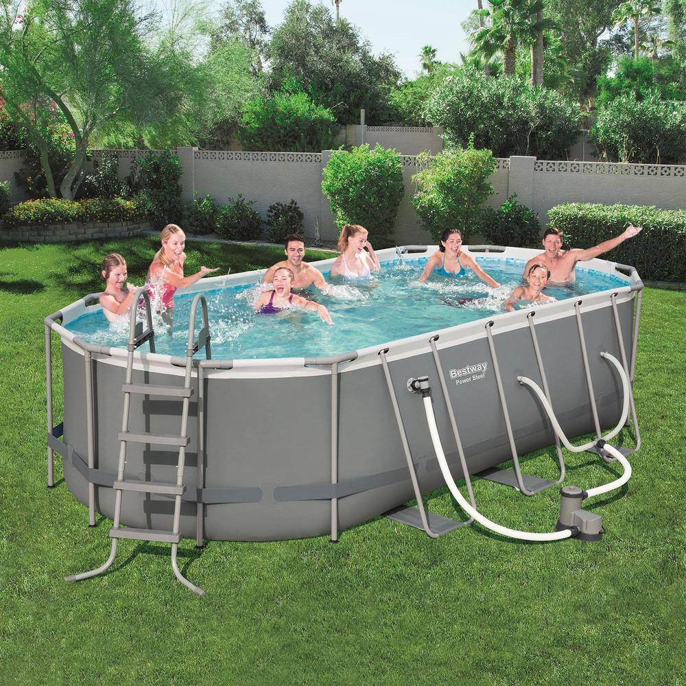 Bestway 18 ft. x 9 ft. Oval 48 in. Deep Metal Frame Above Ground Outdoor Swimming Pool Set 56711E-BW