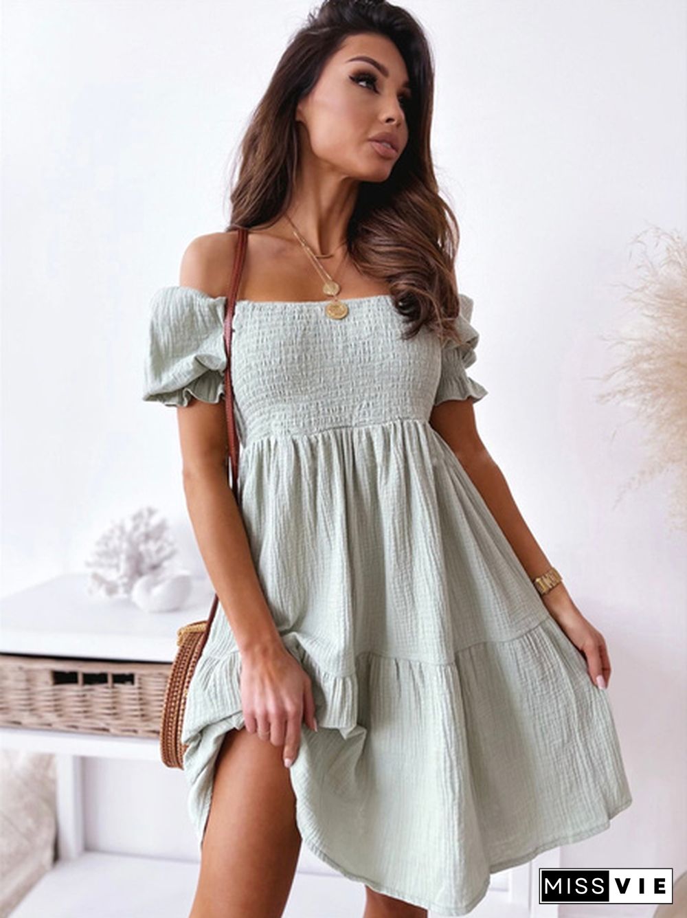 Summer Women Casual Dress Slash Collar Off Shoulder Dress Plus Size Mini Women Dress