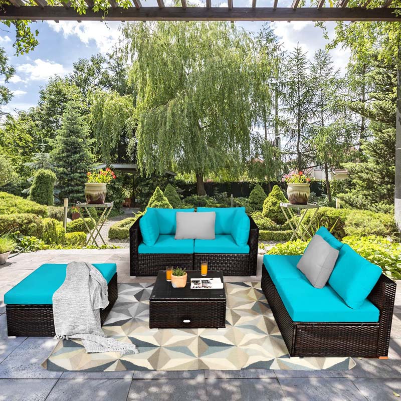 6 Pcs Outdoor Rattan Sectional Sofa Set with Coffee Table & Removable Seat & Back Cushions