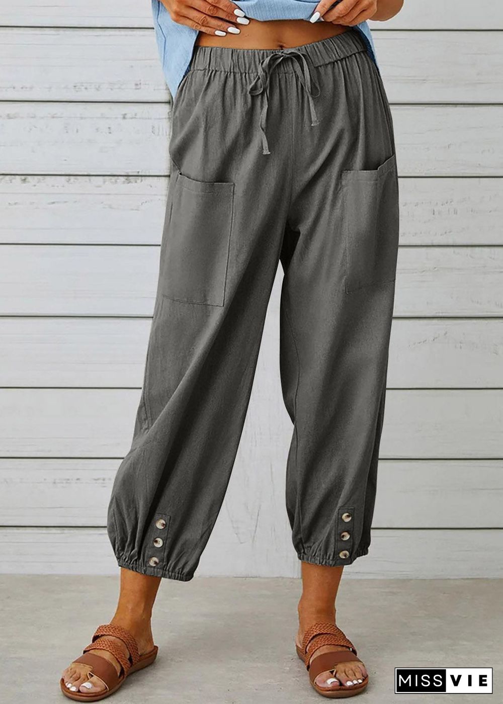 Plus Size Grey Elastic Waist Solid Crop Pants Summer