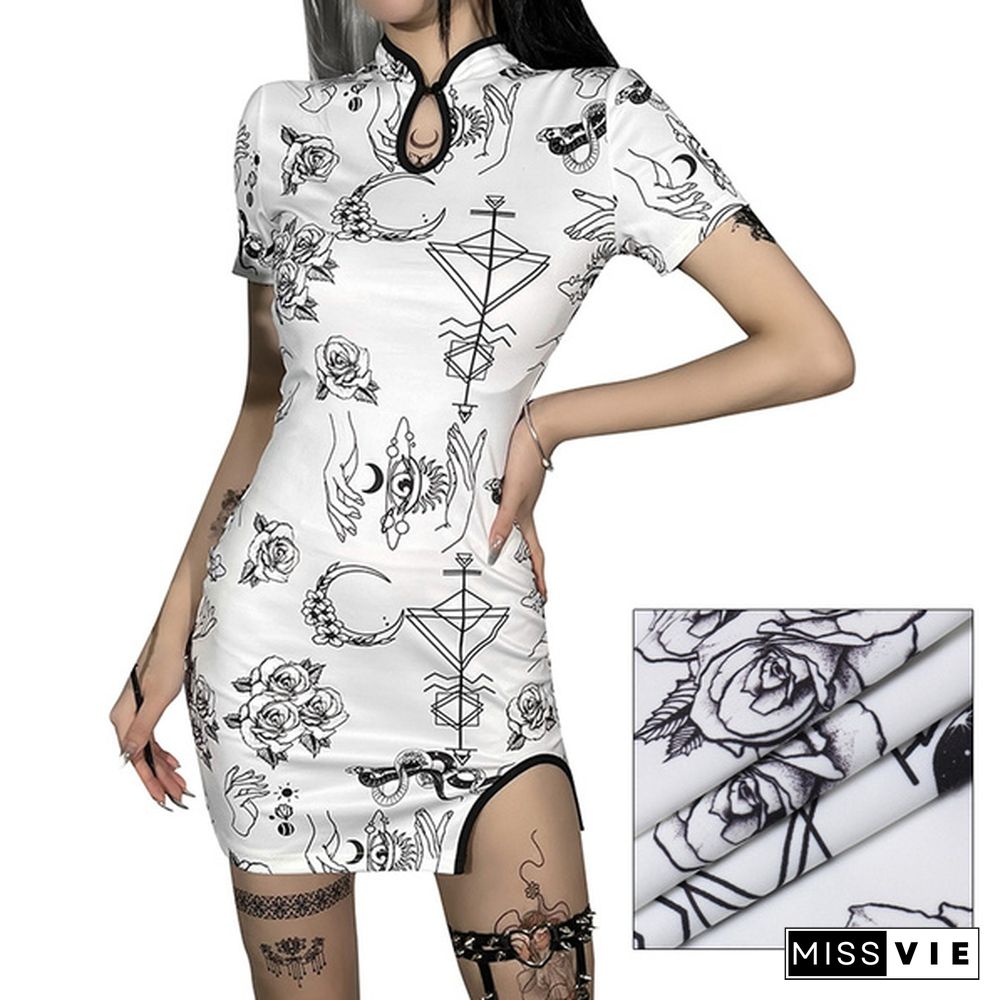 Women's Vintage Cheongsam Print Dress Floral White Short Sleeve High Waist Skinny Mini Dress Party Slit Cheongsam