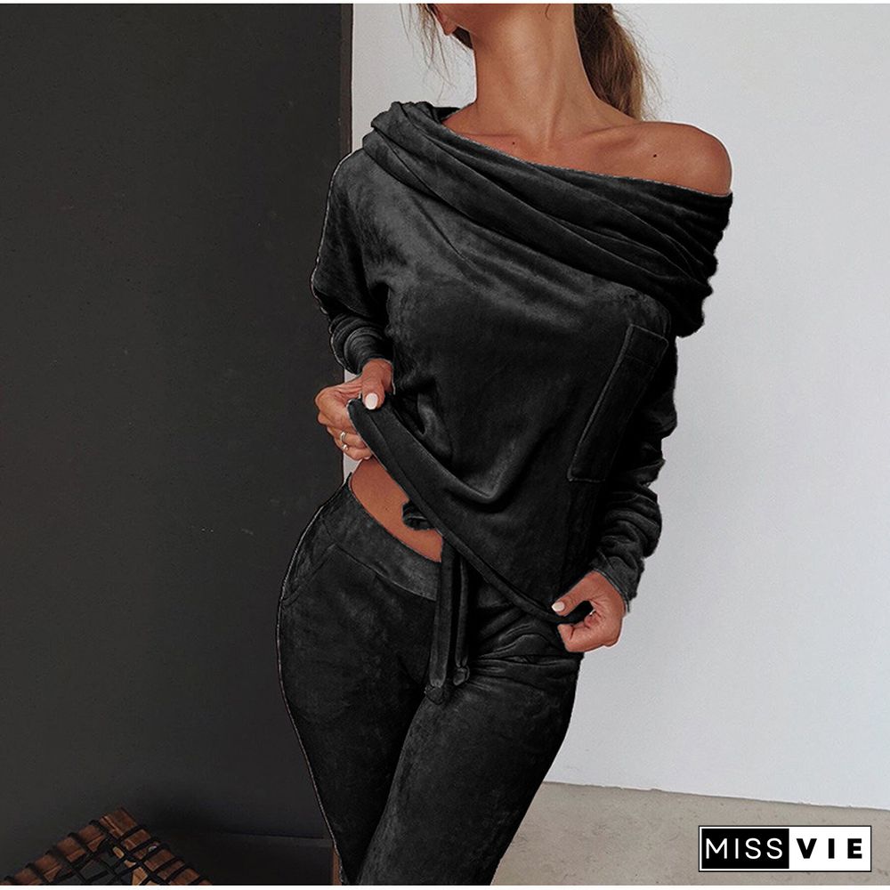 Sweatshirt Women 2 Pieces Set Tracksuit Autumn One Shoulder Sweatshirt Pants Sets Sport Wear Tracksuit Velvet Lounge Suit